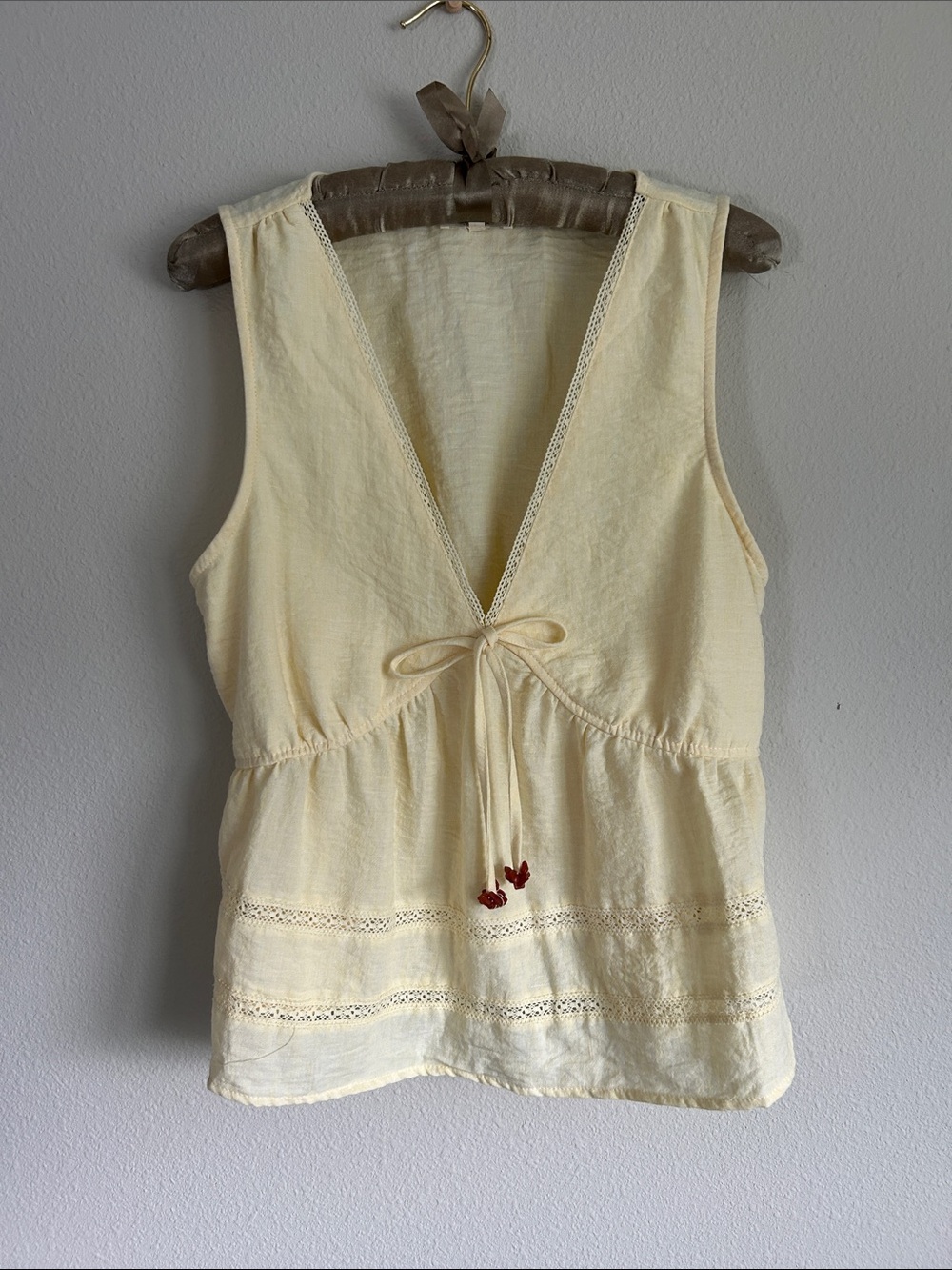 Butter Yellow Sleeveless V Neck Tie Front Women's Top